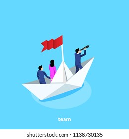 people in business suits swim in a white paper boat, an isometric image