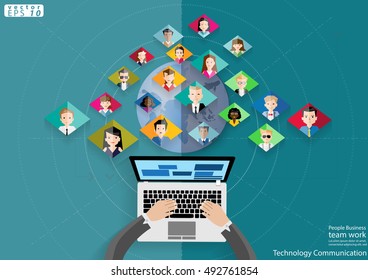 People Business team work Technology Communication across world modern Idea and Concept Vector illustration  with Laptop.