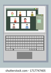 People business teamwork on computer screen. Work from home. Discussion via video conference or online meeting. Flat style illustration.