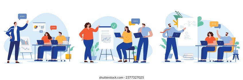 People in business training collection - Set of illustrations with group of businesspeople talking courses, education and studying while discussing and learning together. Flat design vector