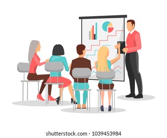 People at business training look at presentation with graphics that shown by tutor isolated cartoon flat vector illustration on white background.