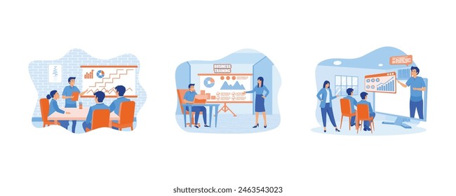 People at business training look at presentation with graphics. Business training or courses concept. Business training landing page. Set flat vector modern illustration 