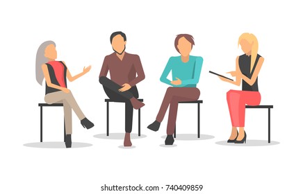 People at business training sit on chairs, discuss issues and raise qualification isolated cartoon flat vector illustration on white background.