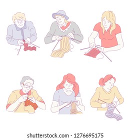 People busy with creative work knitting hobby of ladies of different age vector grandmother and young woman sewing pensioner of senior age and mother with textile dressmaking and repairing clothes.