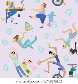 people are busy at home with their various activities.  stories stuck together in a seamless pattern.