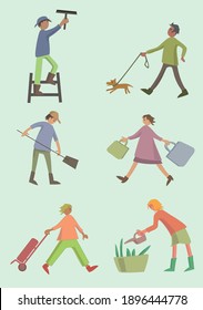 people busy with their hobbies, cleaning windows, dog walking, digging the garden, shopping, traveling and gardening