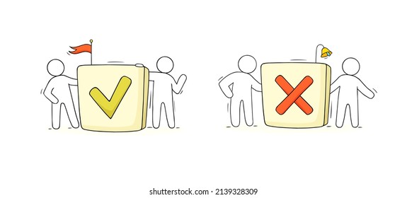 People with button with red cross sign, ok mark. Doodle symbol of error, close, right and ok. Vector hand drawn illustration for alert message of fail, remove, agreement, yes and no