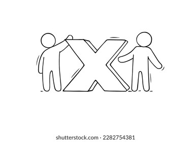 People with button with red cross sign, x mark. Doodle symbol of error, close, cancel or exit. Vector hand drawn illustration for alert message of fail, forbedden or remove