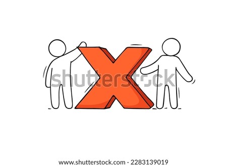 People with button with red cross sign, x mark. Doodle symbol of error, close, cancel or exit. Vector hand drawn illustration for alert message of fail, forbedden or remove