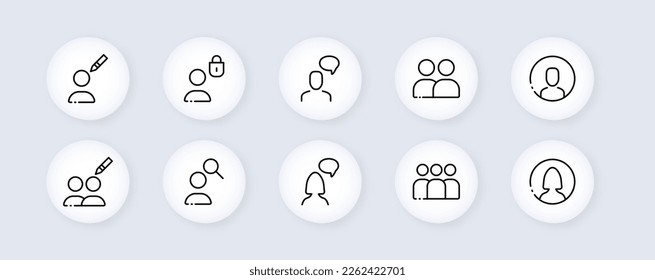 People with button set icon. Pen, lock, speech bubble, message, society, magnifier, find, search, button for social media. Feedback concept. Vector line icon on white background