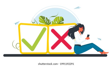 People at the button of a Tick and Cross sign. vote, election choice, checkmarks, Vector illustration for web banner, infographics, mobile. Checklist marks, choice options, survey signs.