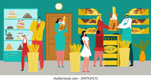 People buy bread at bakery, vector illustration. Cartoon man woman character with fresh pastry product stand near flat counter.