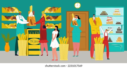 Die Leute kaufen Brot in der Bäckerei, Vektorgrafik. Cartoon Mann Frau Charakter mit frischen Backwaren stehen in der Nähe flacher Theke.