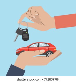 People buy car. Hands with red car and keys.