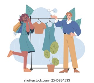 Las Personas compran ropa. Hombre y mujer cerca de bastidores con ropa de moda. Compradores en centro comercial y boutique. Moda, tendencia y estilo. Ocupación minorista. Prendas de vestir. Ilustración vectorial plana