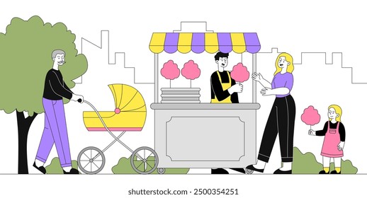 People buy cotton candy. Man sells dessert and delicacy to mother and daughter. Vendor and street food in amusement park. Sweet eating. Linear vector illustration isolated on white background