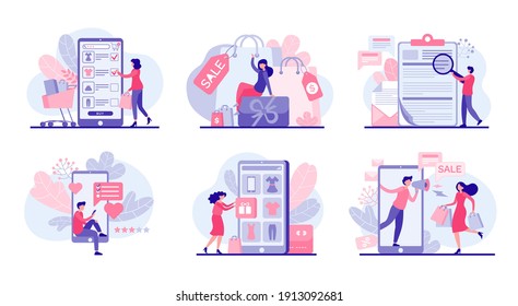 People buy discounts things in online stores vector flat illustration. Female character makes web orders during holiday sale. Male character examines promotional emails with great deals.