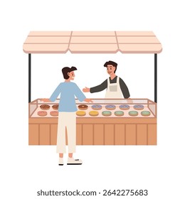 People buy donuts. Donuts stall. Salesman sell doughnut. Food festive. Street food. Desert food.