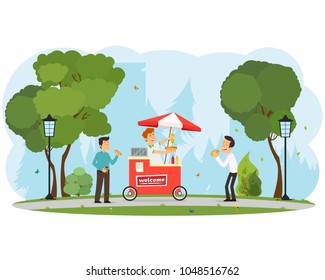 people buy and eat hot dogs in the city park. vector illustration