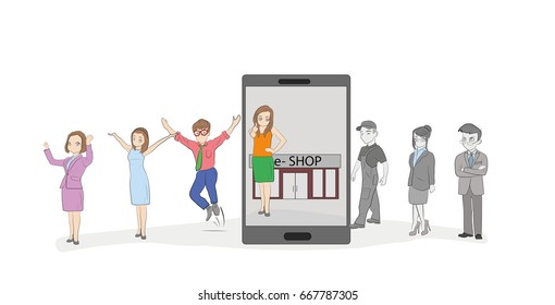 People buy in the e-shop. The concept of shopping on the Internet. vector illustration.