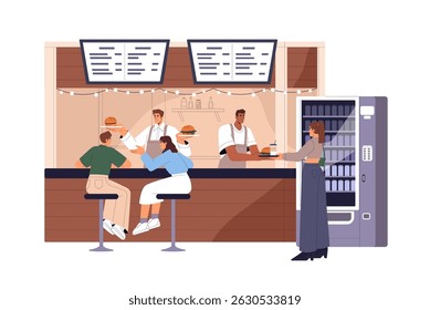 People buy fastfood, drink in stall on street food court in summer. Happy buyers eating snacks from kiosk, vending machine on counter outdoors. Flat isolated vector illustration on white background