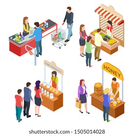 People buy food. Isometric grocery store and farm market. Food queue vector illustration