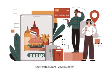 People buy food online. Man and woman with mobile application for orders fastfood. Takeaway eating order. Hamburger and french fres. Cartoon flat vector illustration isolated on white background