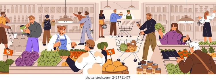 People buy food in supermarket panorama. Consumers choose products on grocery shelves in market. Customers push cart in shop. Characters make purchases in retail store. Flat vector illustration