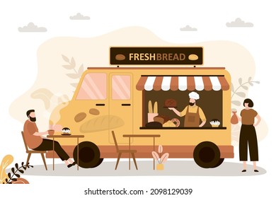 People buy fresh baked goods in street cafe. Man ordered mug of tea and dessert at food truck. Bakery with different types of bread. Guy works as salesman in van with pastries. Vector illustration