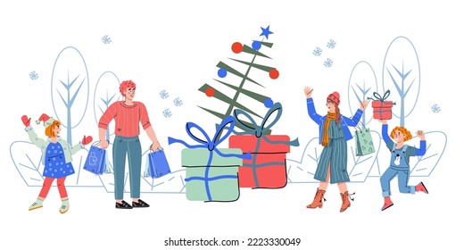 People buy gifts and goods at Christmas sale and New Year's discount, flat vector illustration isolated on white background. Parents and children with Christmas and New Year shopping.