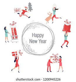People buy gifts and prepare for the new year and Christmas. Shopping online, surprises for friends and family. Vector illustration