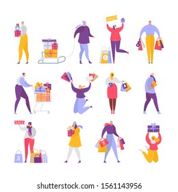 People buy gifts vector women, men characters buying gifts on Christmas sale. Illustration set of happy customers holding presents, purchases and bags, jumping man isolated on white background.