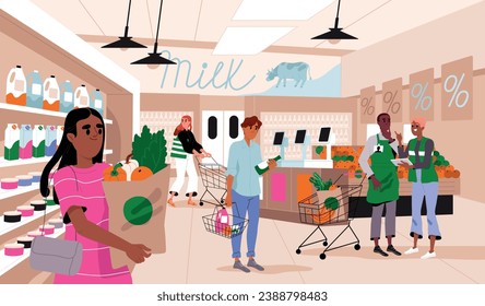 People buy groceries in supermarket. Man and woman customers walk around store with cart and choose product. Character making purchases. Everyday routine and shopping. Cartoon flat vector illustration