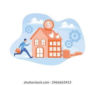 People buy houses with mortgages from banks. Paying credit to the bank. Real estate investment concept. Flat vector illustration.