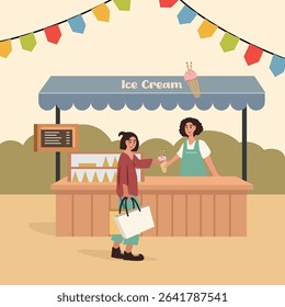 People buy ice cone. Ice cream stall. Summer food festival. Ice cream stand. Street food.