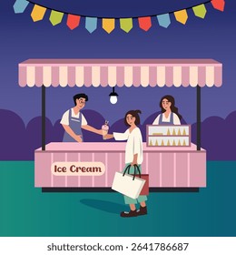 People buy ice cream at night market. Girl buy ice cream at the food festive. Street food. Ice cream stall. Ice cone stand.