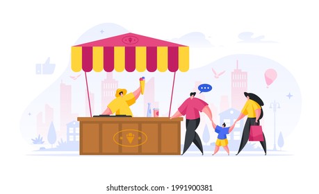 People buy ice cream at street kiosk flat illustration. Family man and woman approaches stall red yellow awning. Seller in clothes with hat holds horn with colored sweet vector balls child.