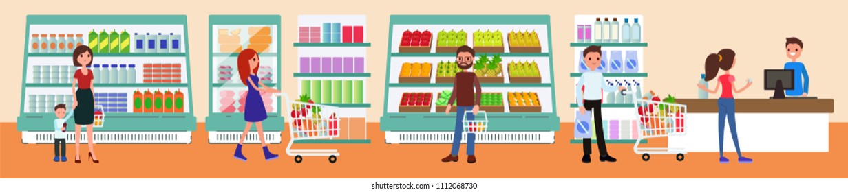 People buy at the mall. Interior of a supermarket. Vector. Flat style.