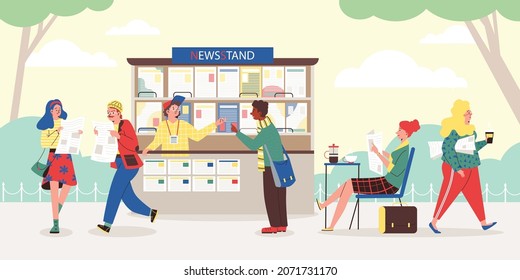 People buy newspapers and magazines at street newsstand and reading reports and articles outdoors. Street kiosk to sale morning press with business daily news. Vector illustration.