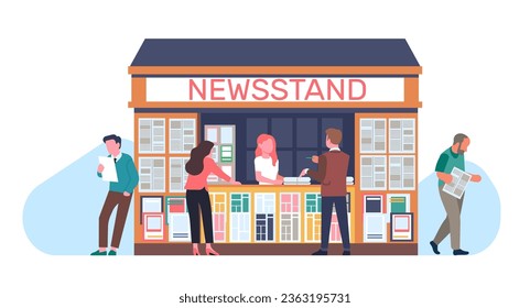 People buy newspapers and magazines from street kiosk and read them. News booth. Newsstand selling journals and books. Outdoor press shop showcase. Road trade stall