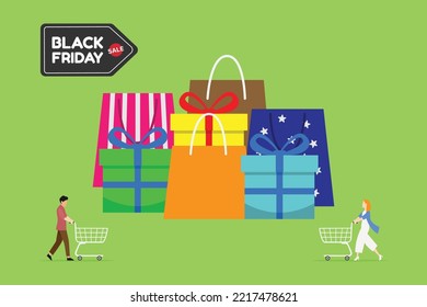 People buy on Black Friday discount sales 2d vector illustration concept for banner, website, illustration, landing page, flyer, etc.