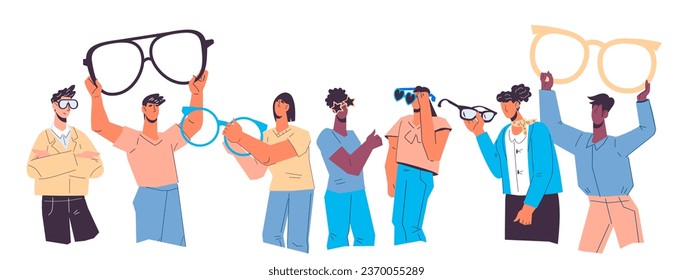 People buy a pair of eyeglasses at optical shop, flat vector illustration isolated on white background. People characters for topic of optics, eyewear, optometry, and ophthalmology.