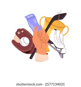 People buy paper tickets to the sport competition. Spectator booking seat to match. Person holds coupon to hockey or baseball game. Entertainment. Flat isolated vector illustration on white background