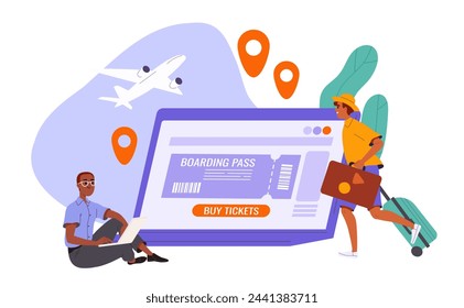 People buy plane ticket. Man and woman sitting near laptop at background of airplane. Travelers and tourists at holiday and vacation. Cartoon flat vector illustration isolated on white background