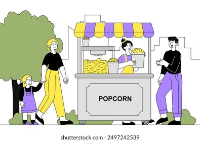 People buy popcorn. Man, woman and child buy sweets. Dessert and delicacy. Street food vendor and market. Pop corn at fairground. Linear vector illustration isolated on white background