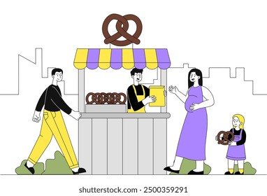 People buy pretzels. Man sells baked goods and sweets to pregnant woman and her daughter. Street food vender and local shop. Linear vector illustration isolated on white background