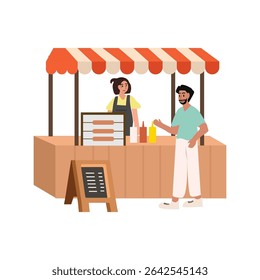 People buy sausage. Sausage stall. Street food. Food stand. Menu board.
