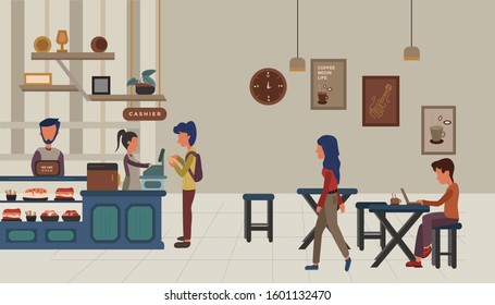 People buy a something in coffee shop and working on jelly with flat vintage Colour illustration,business,people, flat
