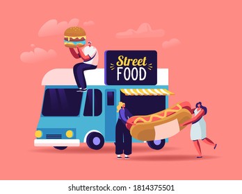 People Buy Street Food, Takeaway Junk Meals from Wheeled Cafe or Food Truck. Characters with Burger and Hot Dog near Car Restaurant Wagon, Transport on Wheels with Canopy. Cartoon Vector Illustration