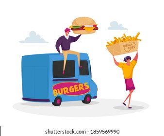 People Buy Street Food, Takeaway Junk Meals from Wheeled Cafe or Food Truck. Characters with Burger and French Fries near Car Restaurant Wagon, Transport on Wheels. Cartoon People Vector Illustration